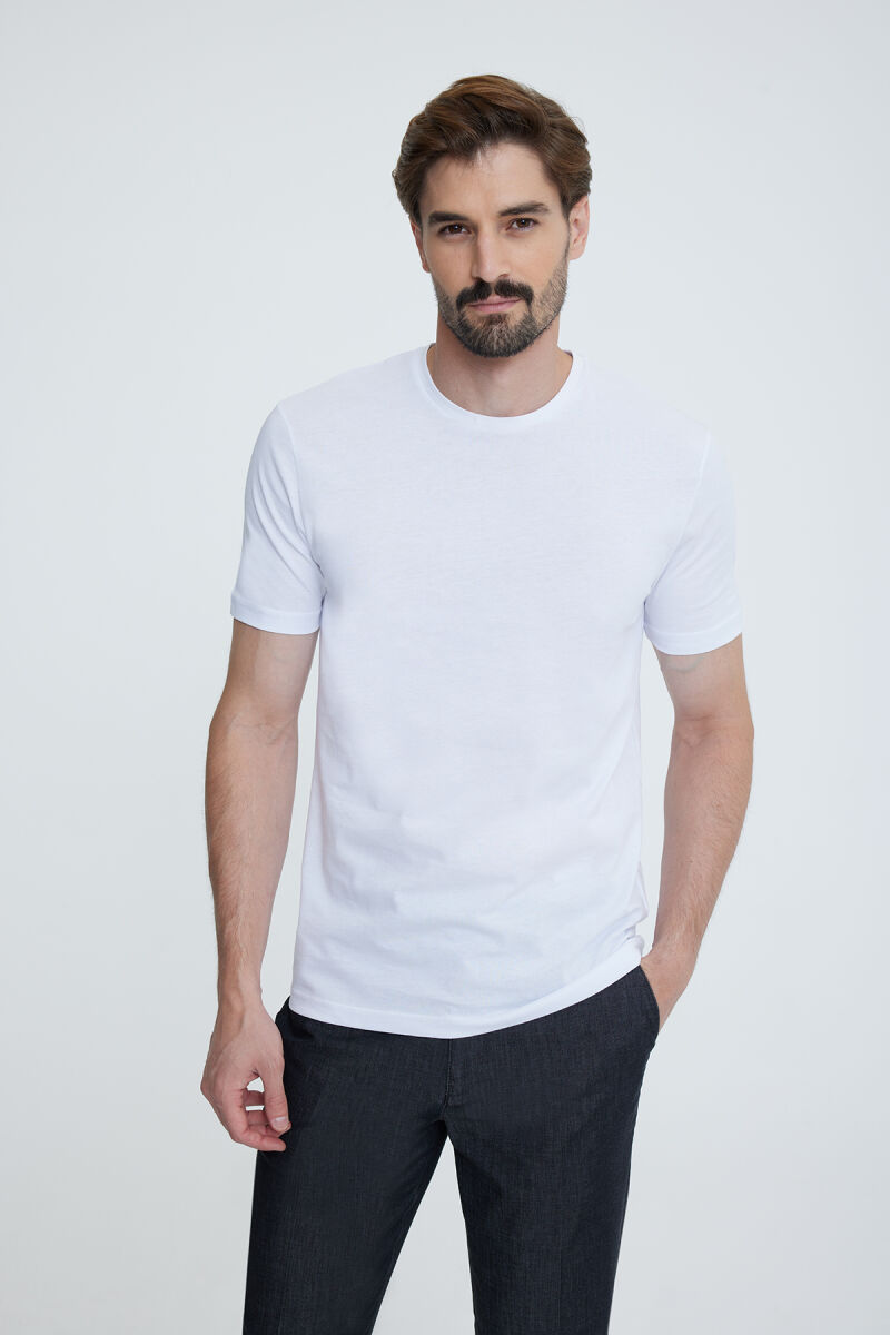 Erkek Beyaz Bisiklet Yaka T-shirt - 1