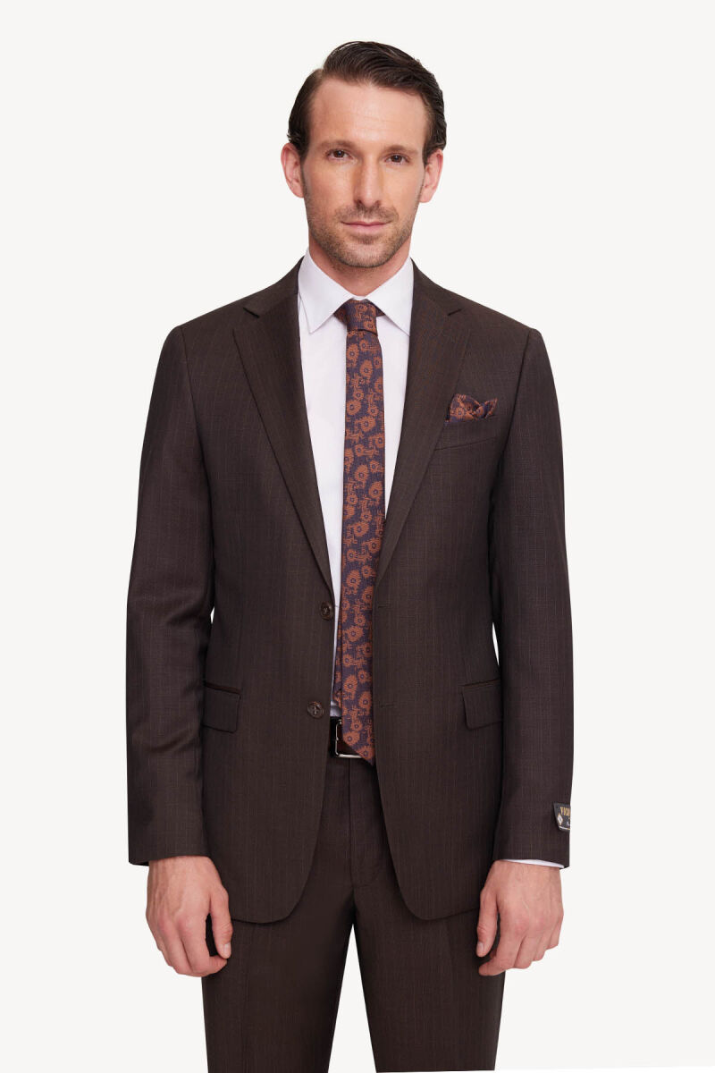 Erkek Kahverengi Regular Fit Çizgili Takım Elbise - 2