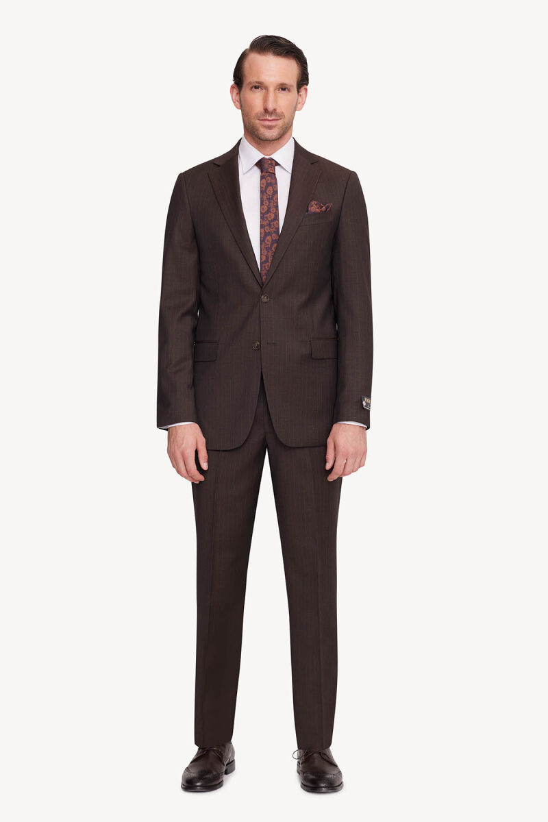 Erkek Kahverengi Regular Fit Çizgili Takım Elbise - 1