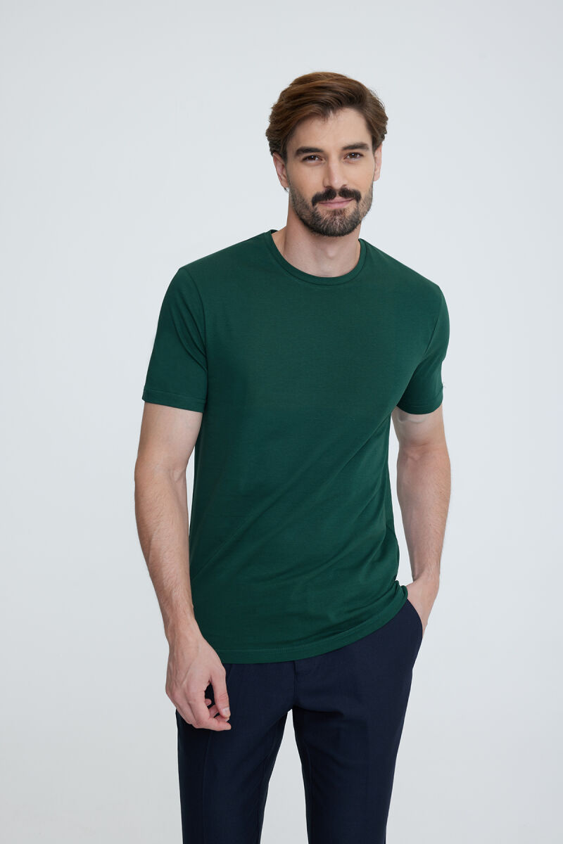 Erkek Koyu Yeşil Bisiklet Yaka T-shirt - 1