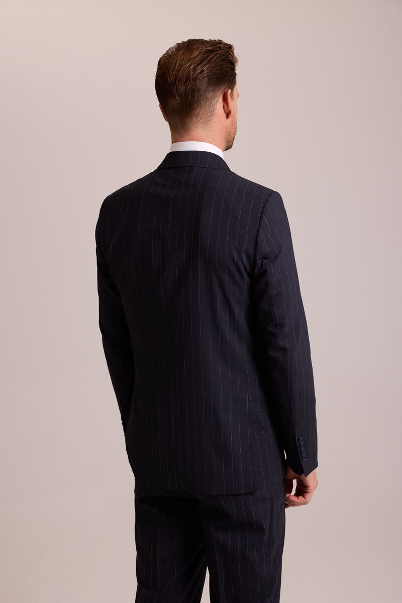 Erkek Lacivert Çizgili Regular Fit Yün Kruvaze Çizgili Takım Elbise - 10