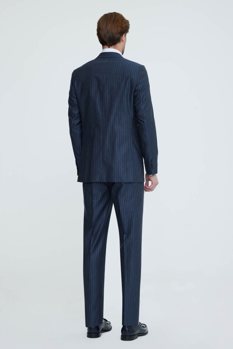 Erkek Lacivert Gri Regular Fit Çizgili Takım Elbise - 5