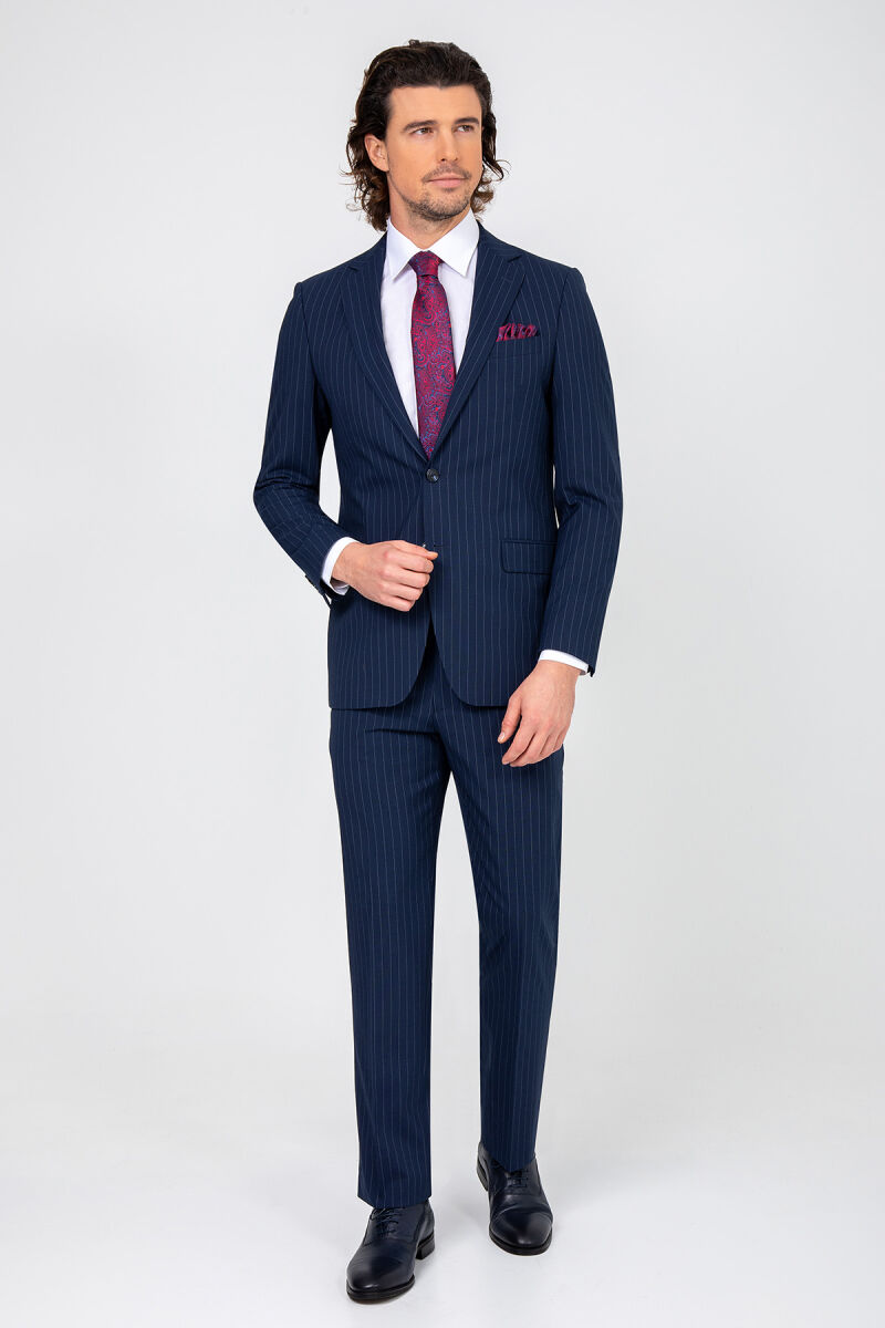 Erkek Lacivert Regular Fit Çizgili Çift Yırtmaç Takım Elbise - 1
