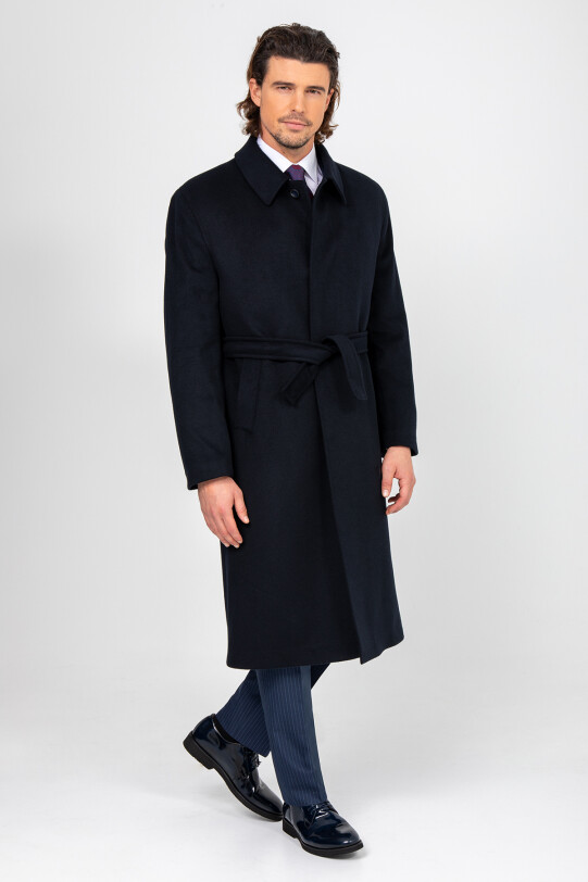 Erkek Lacivert Regular Fit Kaşmir Uzun Kuşaklı Palto