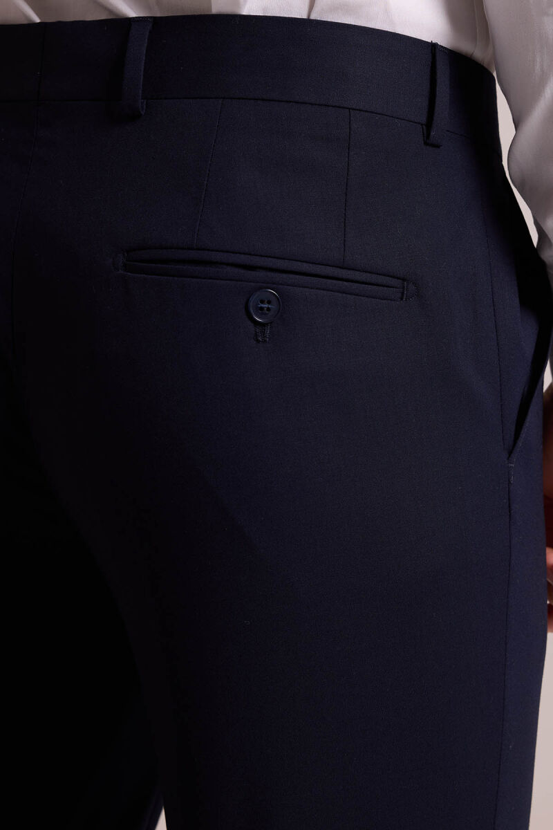 Erkek Lacivert Slim Fit Yünlü Likralı Mono Yaka Takım Elbise - 10