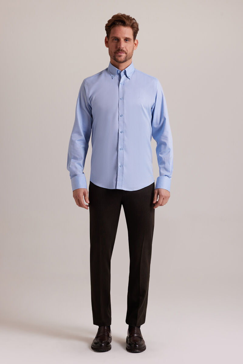 Erkek Mavi Slim Fit Uzun Kol Desenli Gömlek - 5