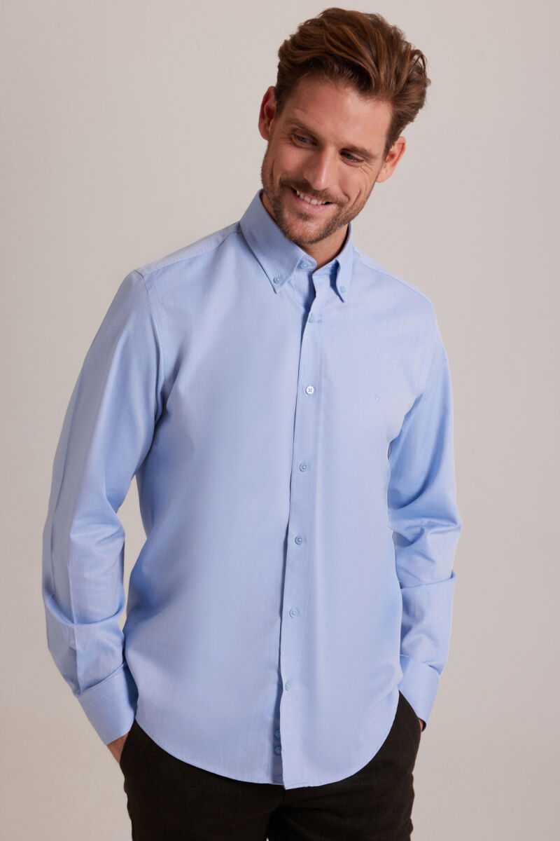 Erkek Mavi Slim Fit Uzun Kol Desenli Gömlek - 2
