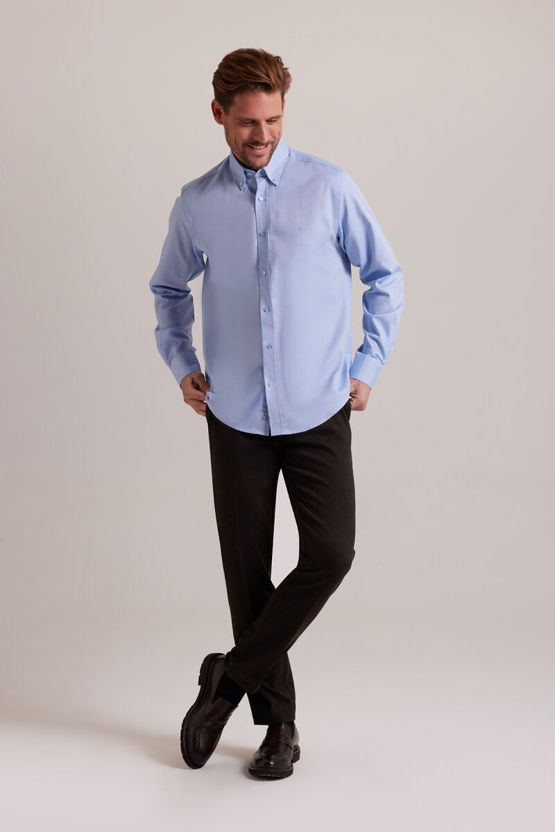Erkek Mavi Slim Fit Uzun Kol Desenli Gömlek - 3