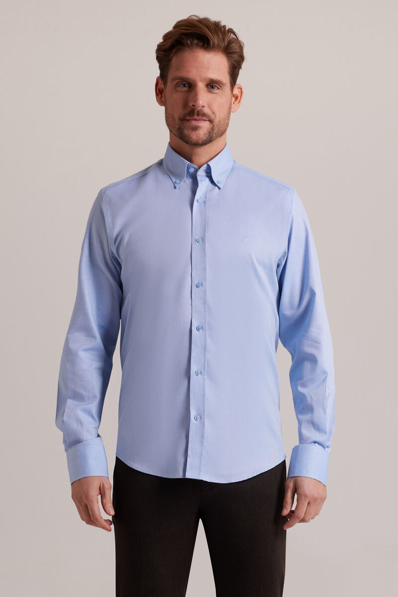 Erkek Mavi Slim Fit Uzun Kol Desenli Gömlek - 1