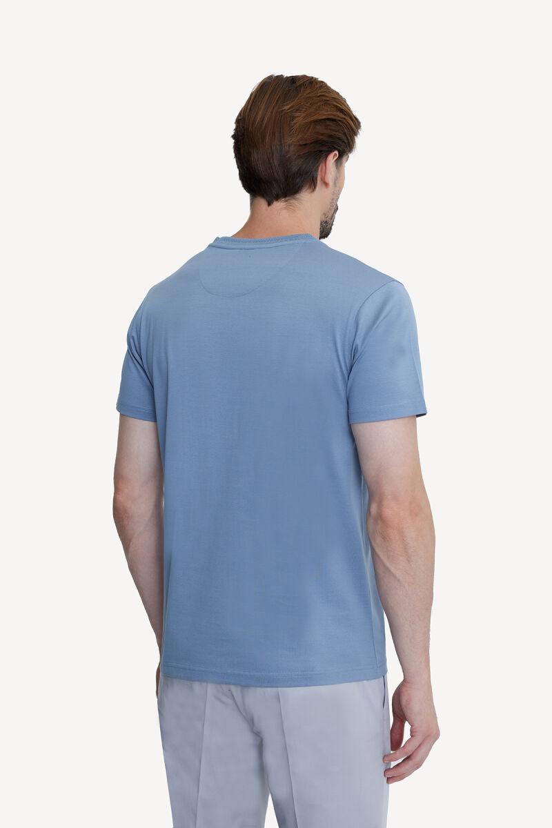 Erkek Mavi Bisiklet Yaka Pamuklu Regular Fit T-shirt - 5