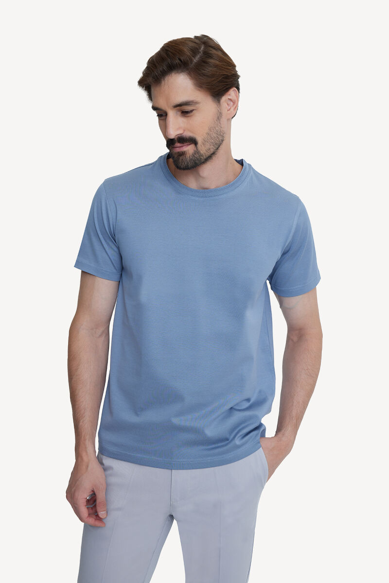 Erkek Mavi Bisiklet Yaka Pamuklu Regular Fit T-shirt - 2