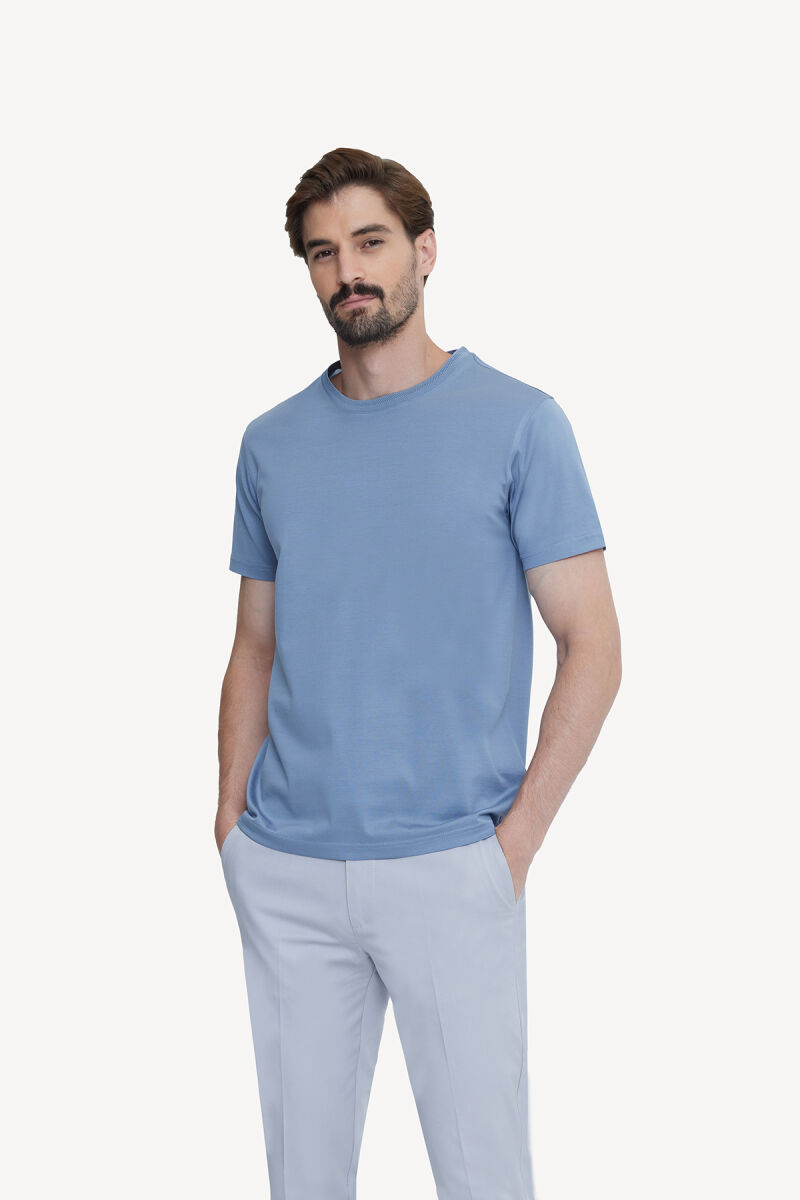 Erkek Mavi Bisiklet Yaka Pamuklu Regular Fit T-shirt - 1