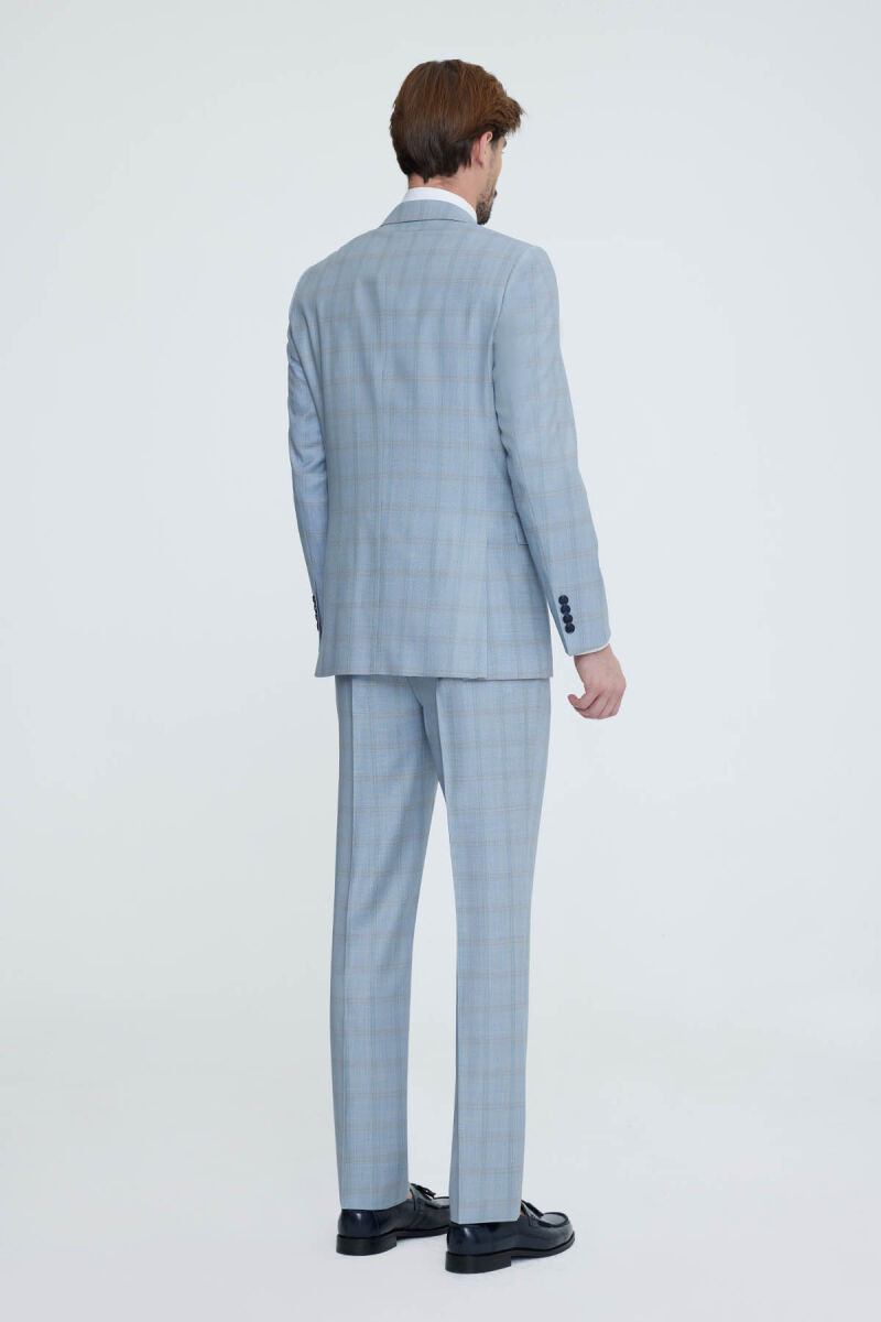 Erkek Mavi Gri Regular Fit Kareli Takım Elbise - 5