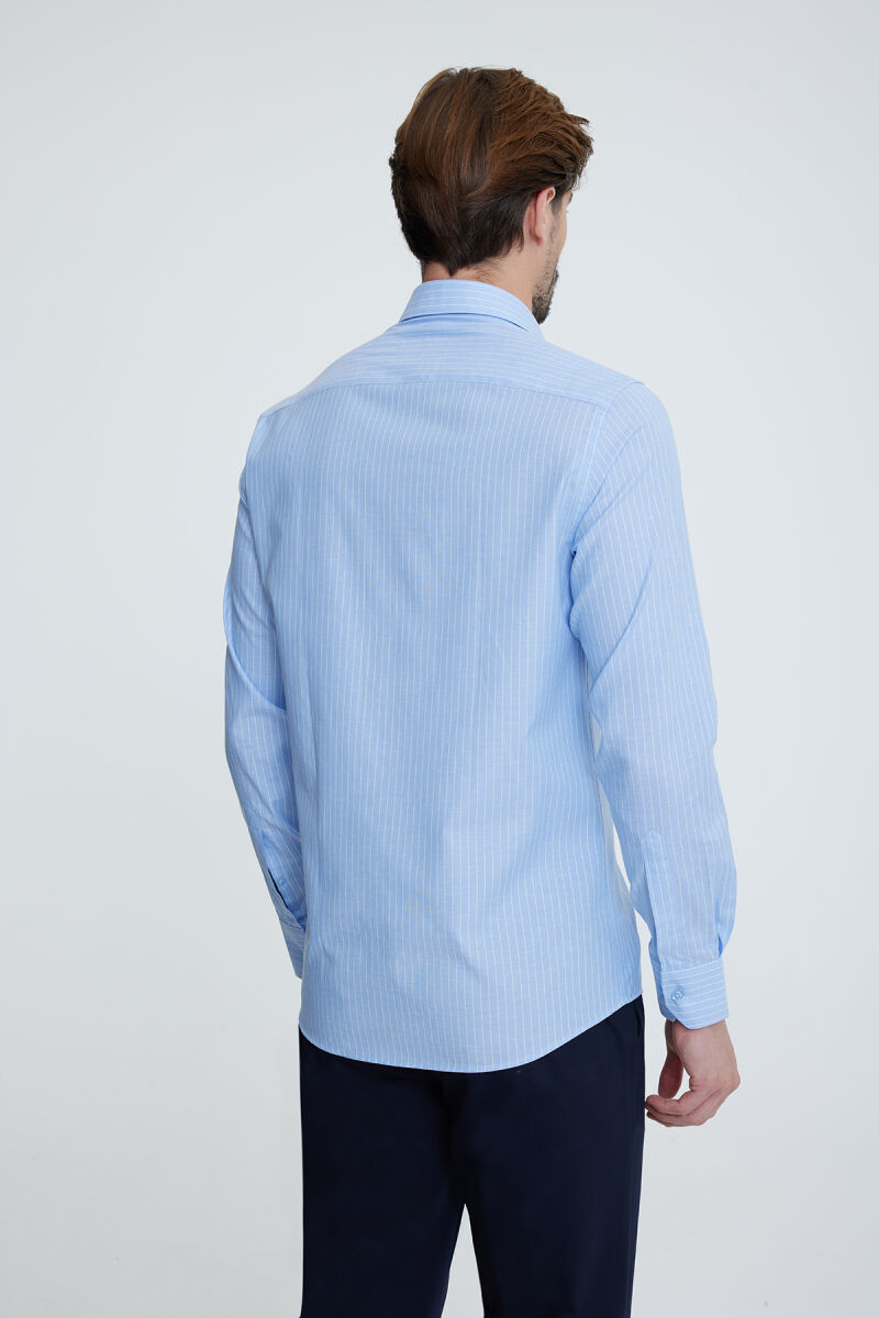 Erkek Mavi Klasik Yaka Slim Fit Uzun Kol Gömlek - 6