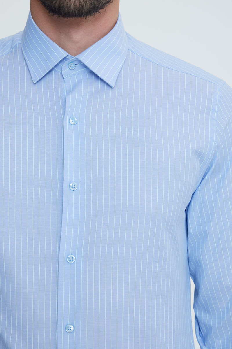 Erkek Mavi Klasik Yaka Slim Fit Uzun Kol Gömlek - 5