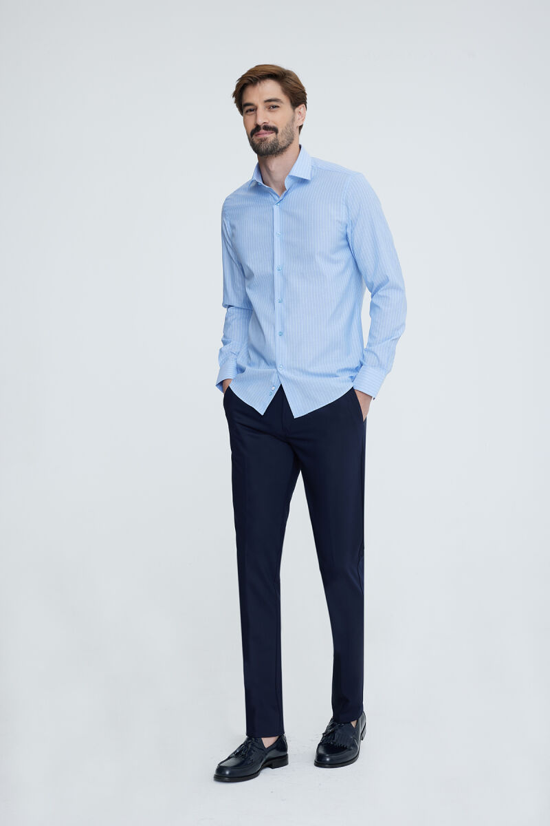 Erkek Mavi Klasik Yaka Slim Fit Uzun Kol Gömlek - 3