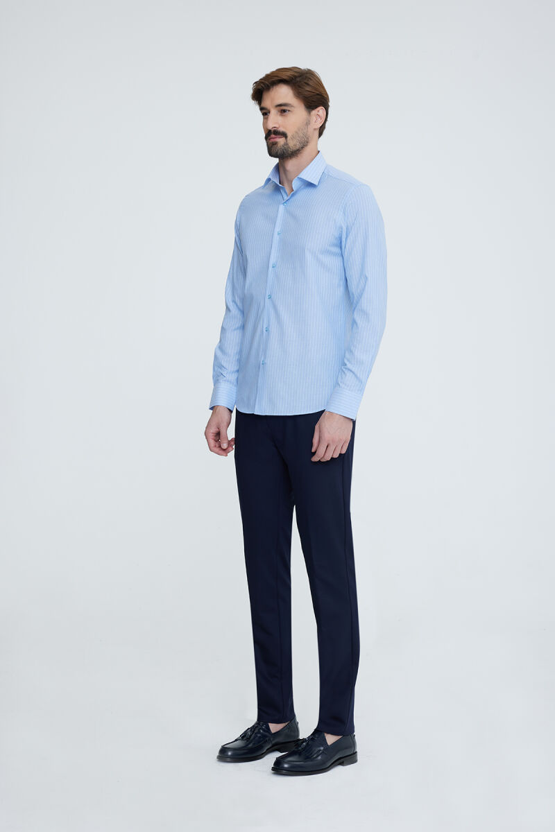 Erkek Mavi Klasik Yaka Slim Fit Uzun Kol Gömlek - 4