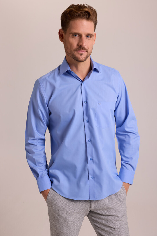 Erkek Mavi Regular Fit Uzun Kollu Pamuklu Gömlek