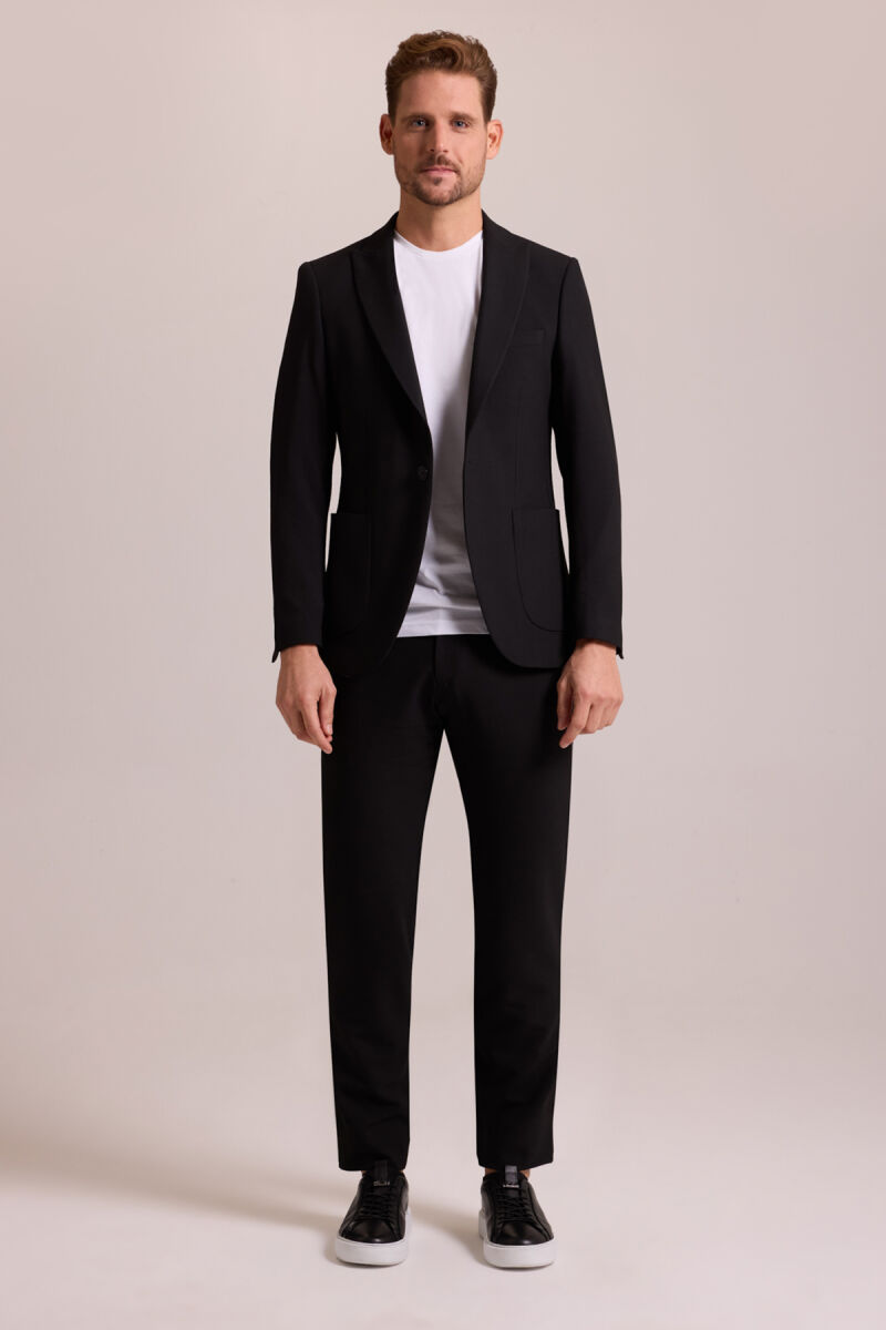 Erkek Siyah Regular Fit Beli Lastikli Mono Yaka Takım Elbise - 1