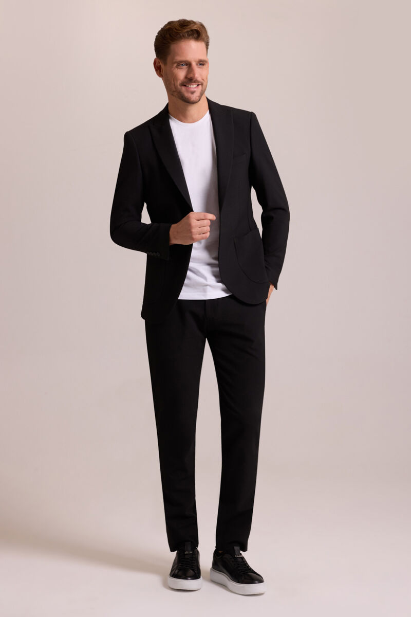 Erkek Siyah Regular Fit Beli Lastikli Mono Yaka Takım Elbise - 3
