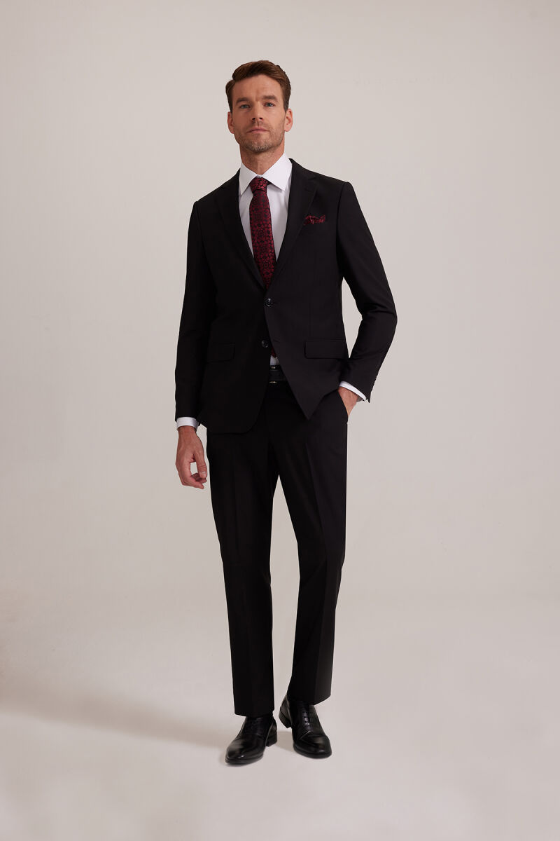 Erkek Siyah Regular Fit Çift Yırtmaç %100 Yün Takım Elbise - 1