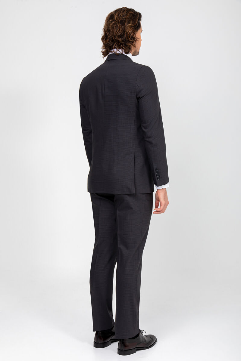 Erkek Siyah Regular Fit Kareli Sivri Yaka Takım Elbise - 5