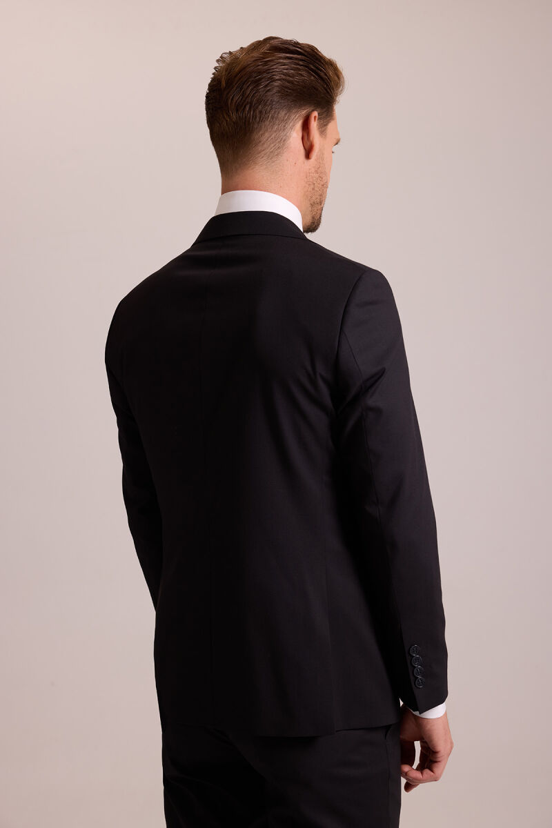 Erkek Siyah Slim Fit Yünlü Likralı Mono Yaka Takım Elbise - 10